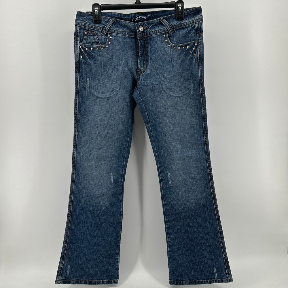 J-Star Flare Jeans Blue Medium Wash Fade Denim Rhinestone Embellished 11/12 Y2K